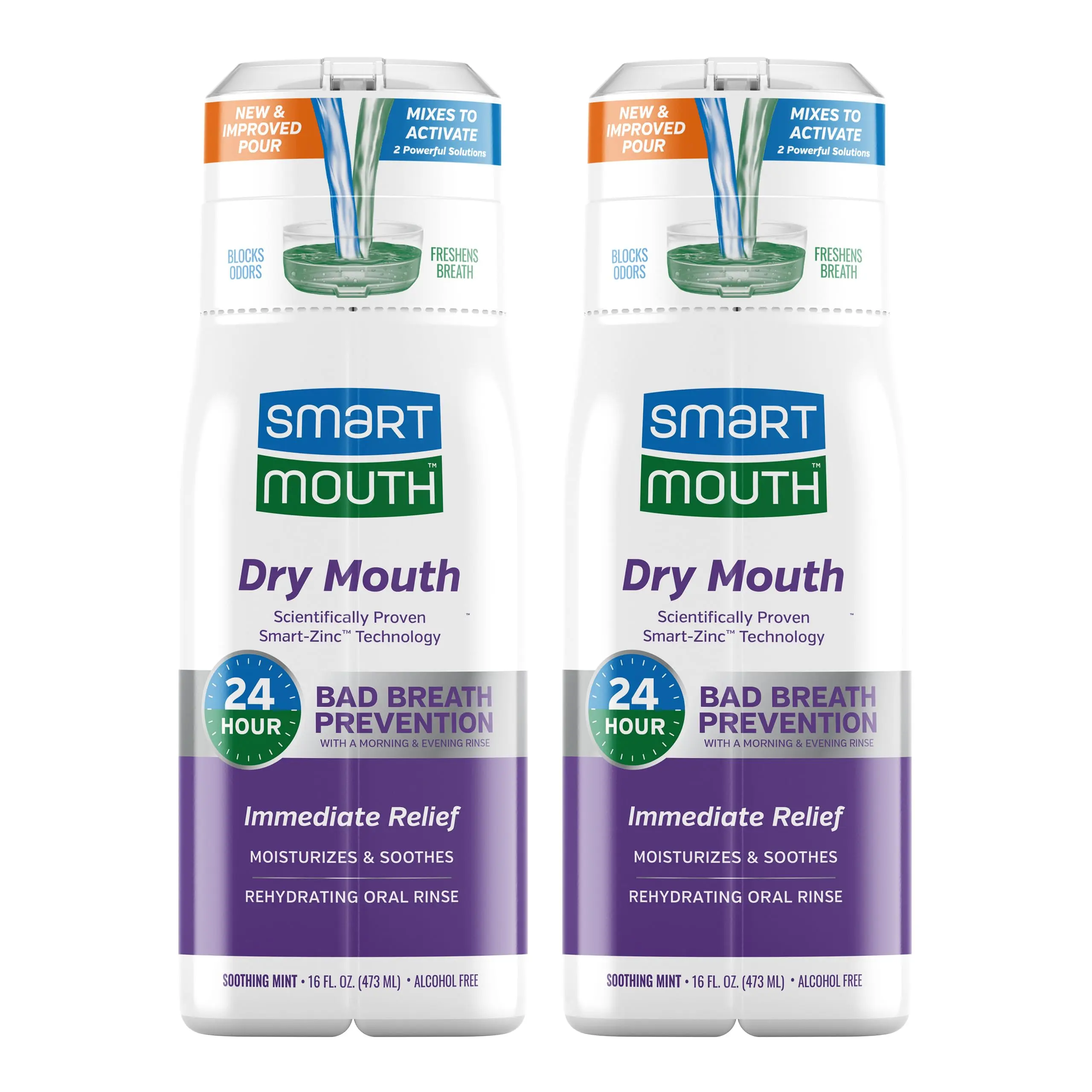 SmartMouth Dry Mouth Zinc Activated Mouthwash - Dry Mouth Rinse for Immediate Relief & Instant Fresh Breath - Optimal Oral Health - Sugar, Gluten & Alcohol-Free - Soothing Mint - 16 fl oz - 2 Pack