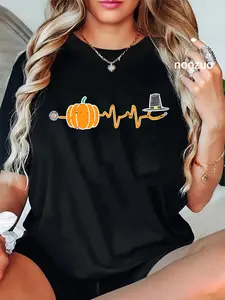 100% Cotton Thanksgiving Heartbeat Pumpkin Stethoscope Fall Scrub Nurse T-Shirt