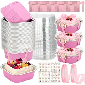 245 count 10 oz Mini Cake Pans with , 60 Pack 4.4x4.4 Large Aluminium Foil Pan Mini Cake Tins with  and Spoons, Square Individual Baking Pan Cup for Wedding Birthday Party Picnics