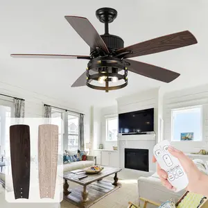 52Inch Farmhouse Caged Ceiling Fan with Light,Remote Control,Dual Finish Plywood 5 Blades,Damp-rated Outdoor Black Ceiling Fan for Indoor Porch Patio,Dimmable 3 Bulbs Design,Quiet DC Motor