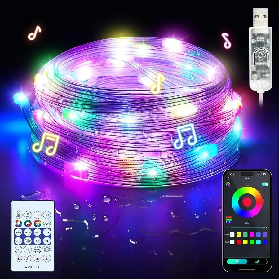 RGB Smart Fairy Lights: 33FT Color Changing Rope Light - 100 LED IP68 Outdoor Waterproof Rope Light - RGB Color Changing Fairy Lights with APP & Remote for Indoor/Outdoor Decor