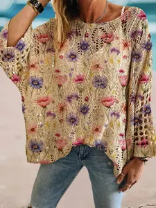 Women's Spring and Summer Round Neck Rhombus Hollow-out Batwing Sleeve Top, Fit, Casual, Elegant and Bohemian for Vacation, with Floral Print, Stylish and Unique, Versatile for Daily Commute.