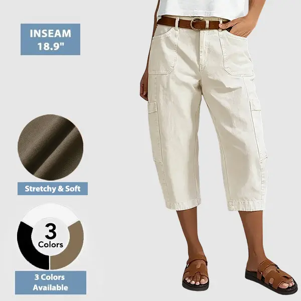 Flamingals Patch Pocket Seam Front Mid Rise Straight Leg Capri Pants Womenswear Stretchy 18.9" Inseam