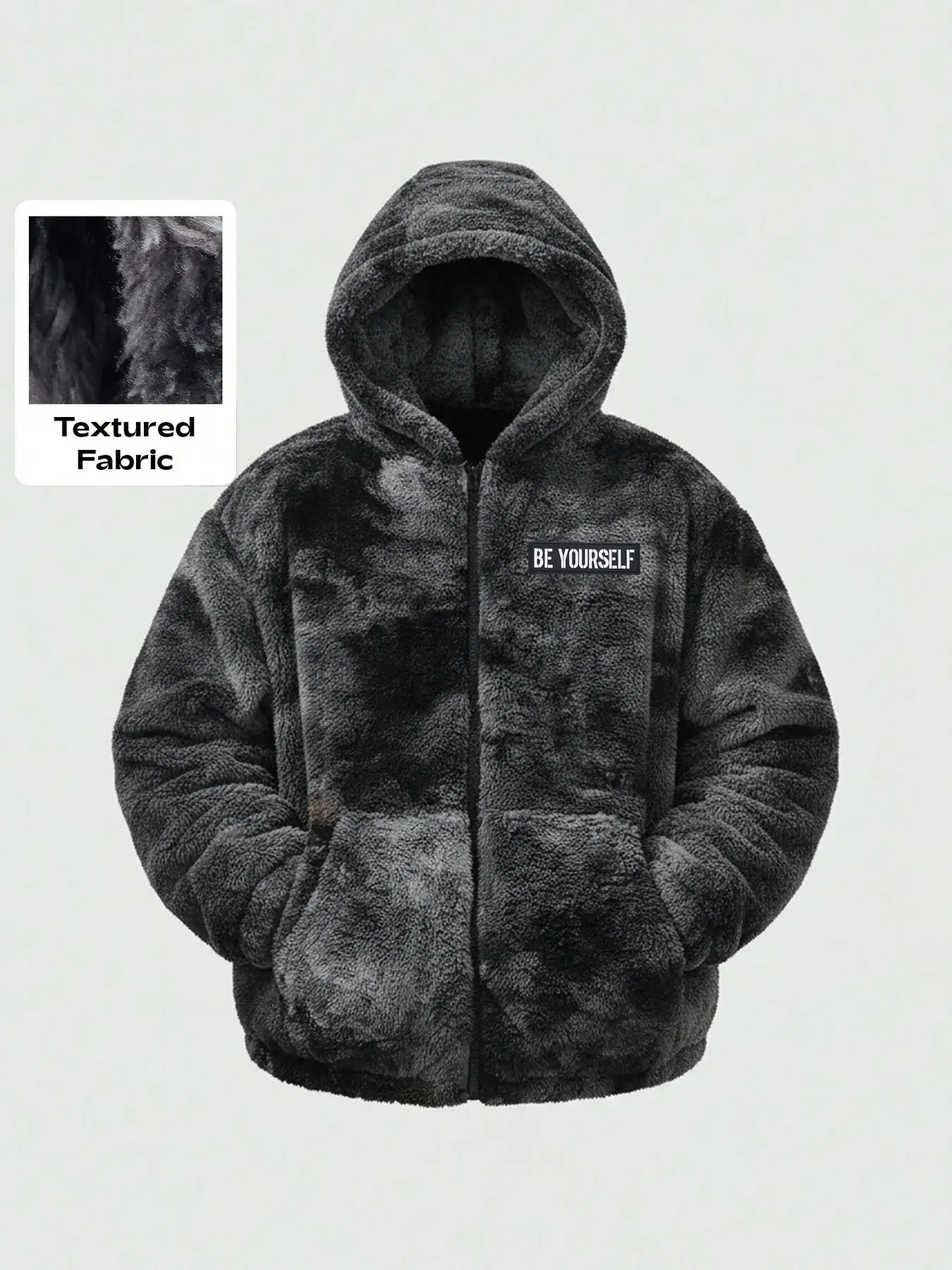 Men's Loose Fleece Lamb Wool Hoodie, Zipper Jacket, Textured Fleece Fabric, Graphic, Soft, Full Zip Design & Pockets, Comfortable Warm Coat for Winter Casual Wear