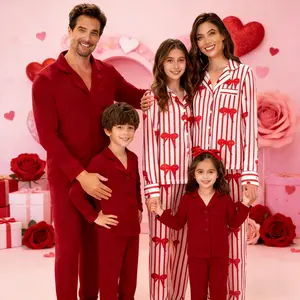 Valentine's Day Family Matching Pajama Set Men Women Kids Lapel Neck Button Down Long Sleeve Shirt Top + Long Pants 2 Piece Loungewear Bow Striped/Solid Color Sleepwear Xmas Holiday Outfit