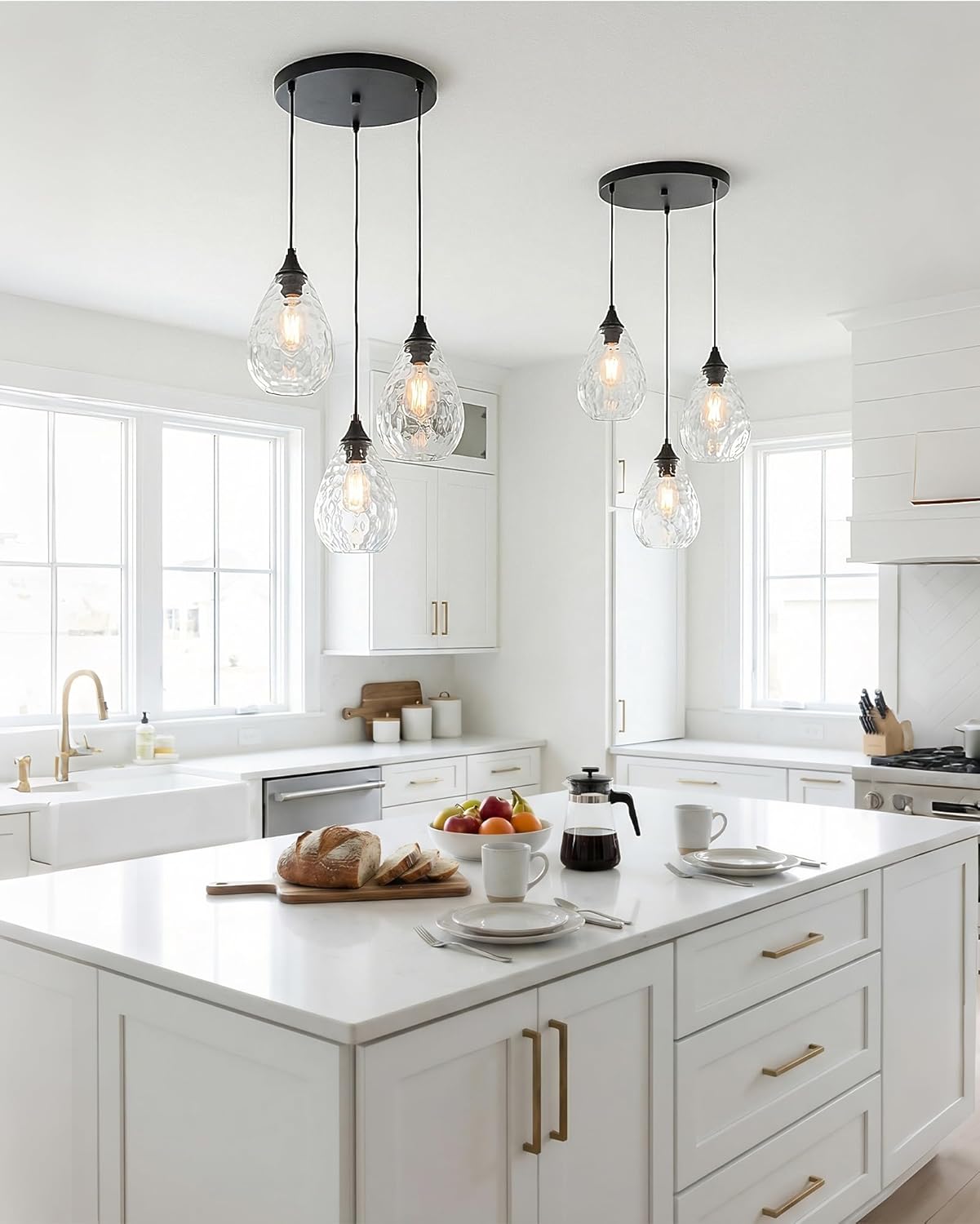 Black 3-Light Pendant Lighting, Modern Dining Room Light Fixture Over Table with Hammered Glass Cluster Hanging Lights for Kitchen Island Dining Room