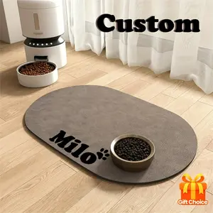 Customizable Quick Absorbent Pet Feeding Mat with Personalized Name, Suitable for Dogs and Cats, Anti-Slip Rubber Base, Prevents Mess in Drinking Area, Indoor Use, Dark Gray, Simple Design, Ideal Gift for Pet Owners.