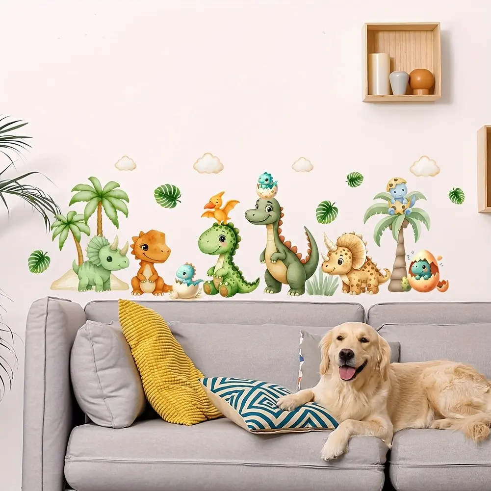 Watercolor Dinosaur Wall Sticker, Palm Tree Volcano Jungle Decor, Bedroom Living Room Home Decoration, Flat Sticker for Wardrobe, Wall Decals, Deco Stickers