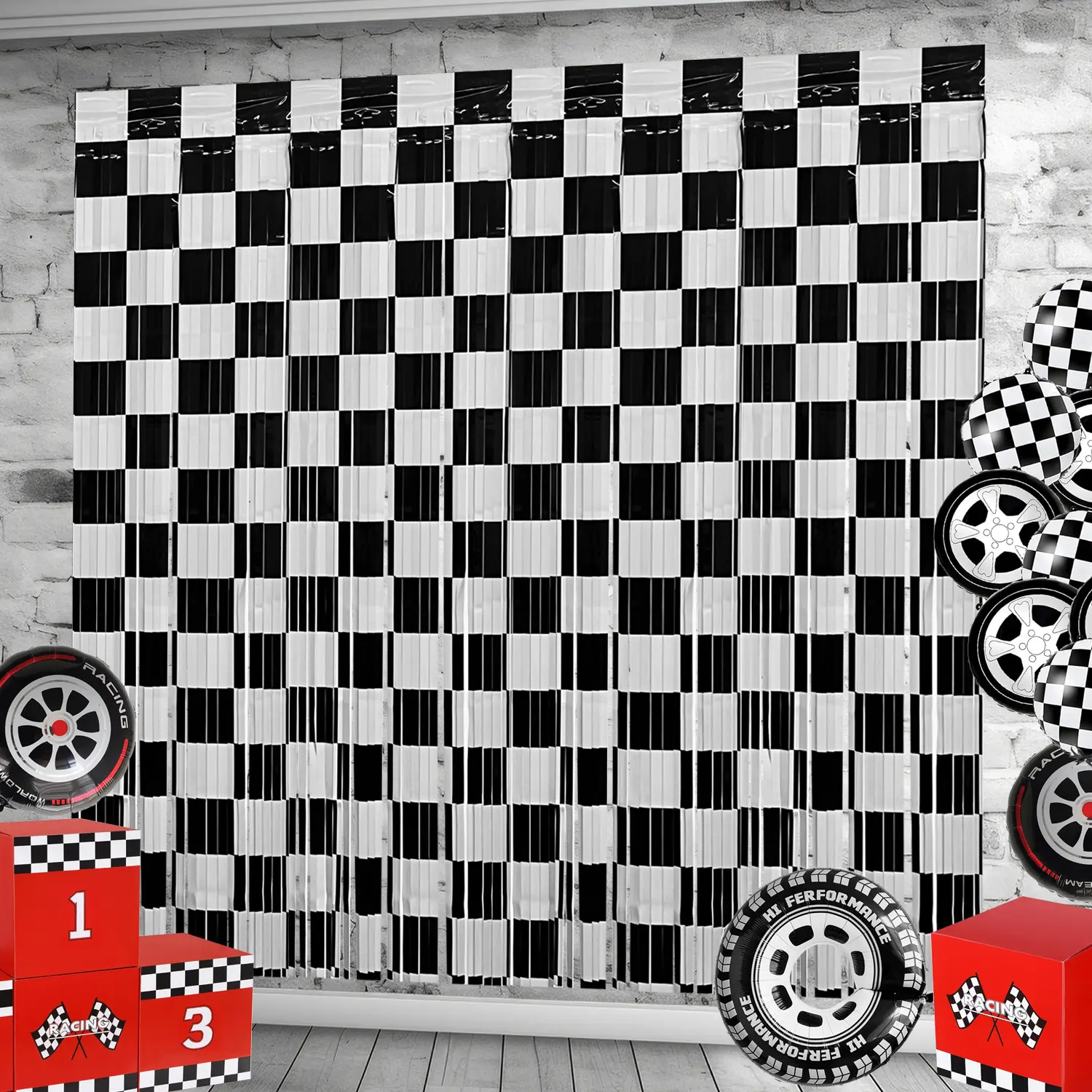 Race Car Foil Fringe Curtains Backdrop - 2 Pack 3.28x6.56 Ft Black White, Photo Booth Props, Lightning Fast Wheels, Birthday Party Decor