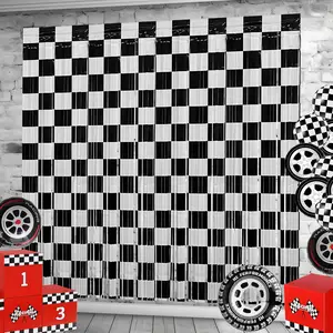 Race Car Foil Fringe Curtains Backdrop - 2 Pack 3.28x6.56 Ft Black White, Photo Booth Props, Lightning Fast Wheels, Birthday Party Decor