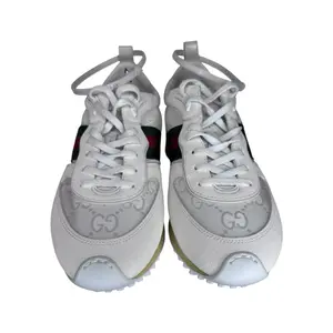 Gucci Re-Motion GG Canvas Sneakers in White Featuring the Gignature Red and Green Web Ankle Strap Size 38- USA 8