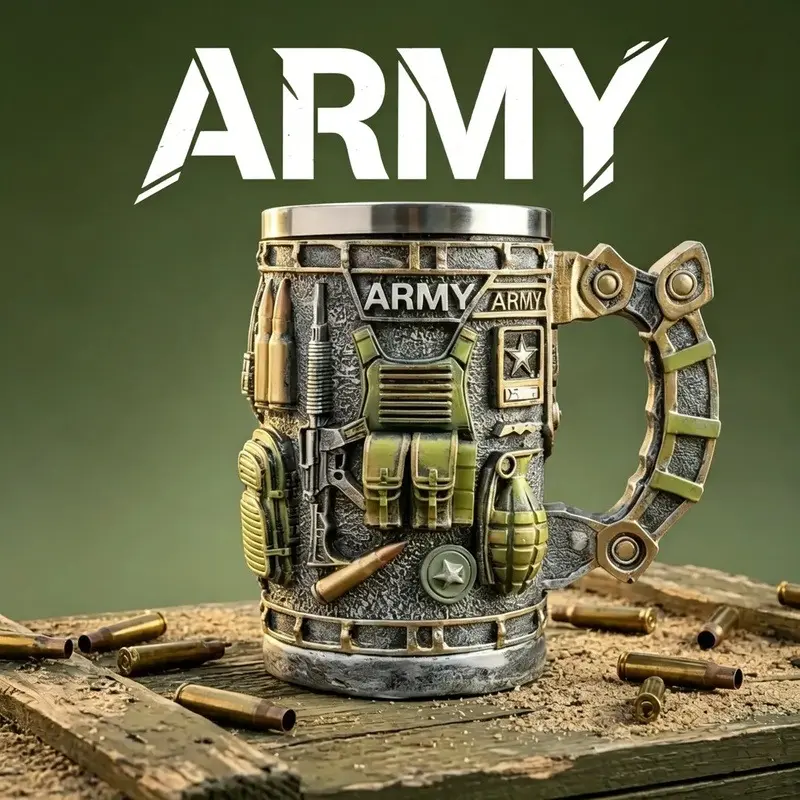 Military 3D Resin Mug with Stainless Steel Liner | Handcrafted Army Navy Marine Corps Air Force Coffee Beer Mug | 13-15oz Gift for Veterans & Military Enthusiasts