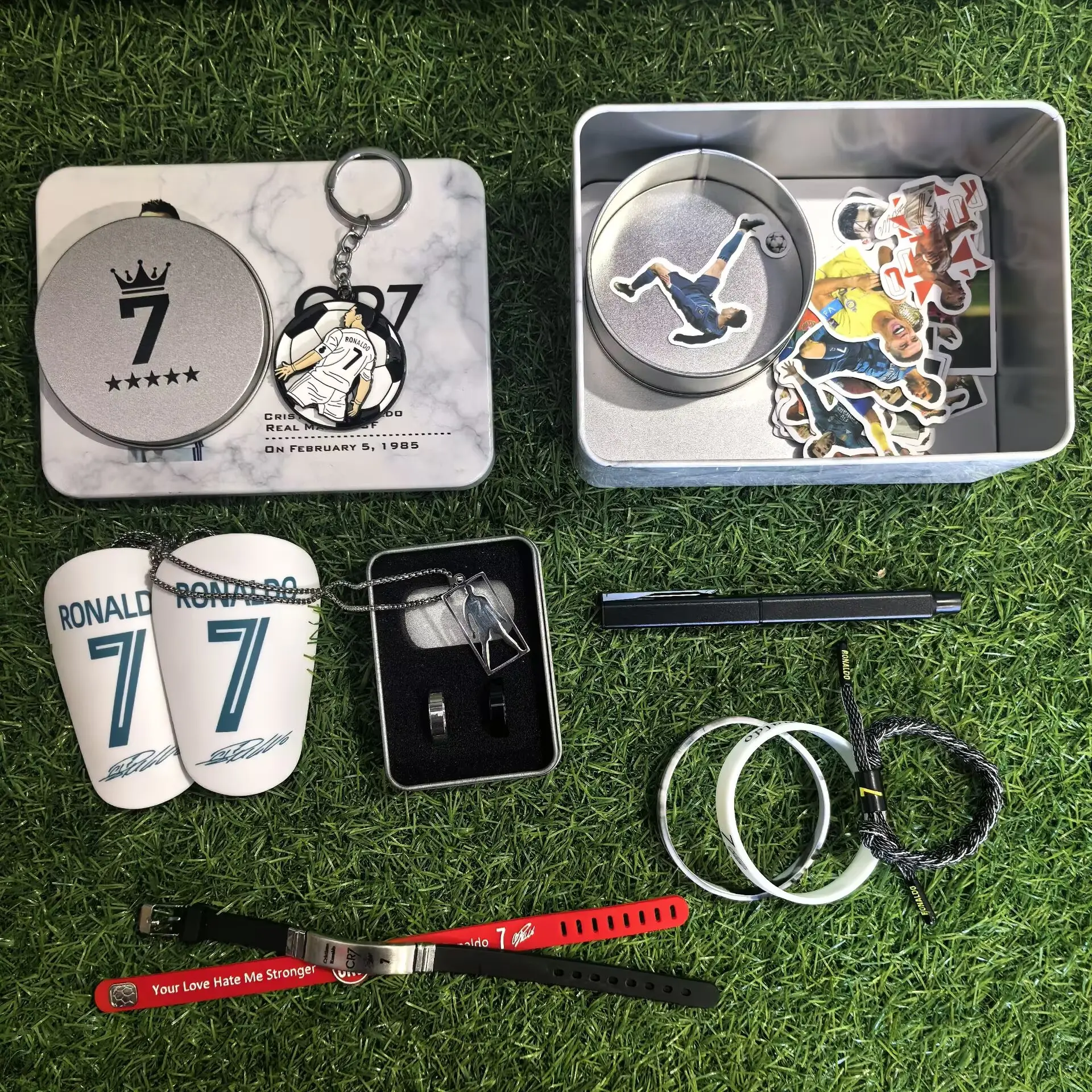 Soccer Star Number 7 Gift Bundle(1 gift box+1 Keychain+1 Pen+1 Necklace+2 Rings+1 Pair Of Shin Guards+5 wristbands), Accessories Set, Collectibles