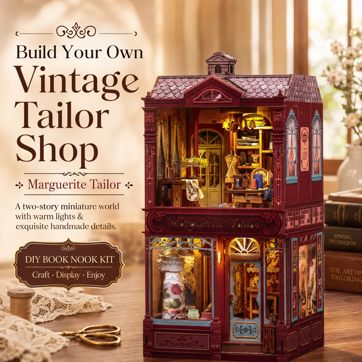 Marguerite Tailor DIY Miniature Dollhouse Kit, 359-Piece Vintage Tailor Shop Book Nook with LED Lights, Wooden Model Craft & Bookshelf Decor, Gift for Adults and Teens 14+