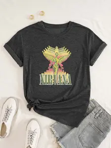 Nirvana Angel Geometric Letter Print Women's Fitted Short Sleeve, Casual Style, New 2026 Design, Summer Holiday Wear
