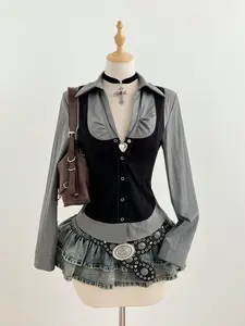 Women's Elegant Patchwork Design V-Neck Long Sleeve Shirt, Summer Fitted Blouse with Hidden Button Closure, Fashionable Women's Clothing