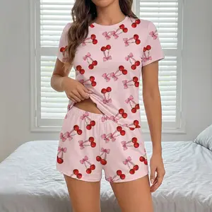 Women's Pink Pajama Set, Red Cherry & Pink Bow Print, Short Sleeve & Elastic Waist Shorts, Soft Knit Fabric, Cute & Comfy Sleepwear & Loungewear Pajama Set