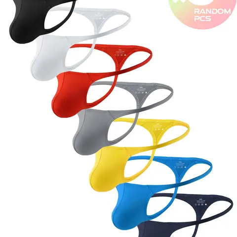 2/3/4 Pcs Random Color Men's Fitted Solid Thong Underwear, Stretchy T-back Hip Lift, Elastic Narrow Waistband, Sexy Bikini Style for Beach & Fitness, Stretchy Design Underwear