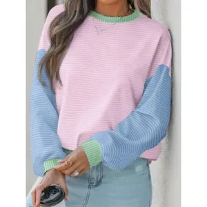 Oversized women's colorful striped printed pullover, suitable for autumn and winter knitting, with moderate fabric thicknessRAIMENTRY