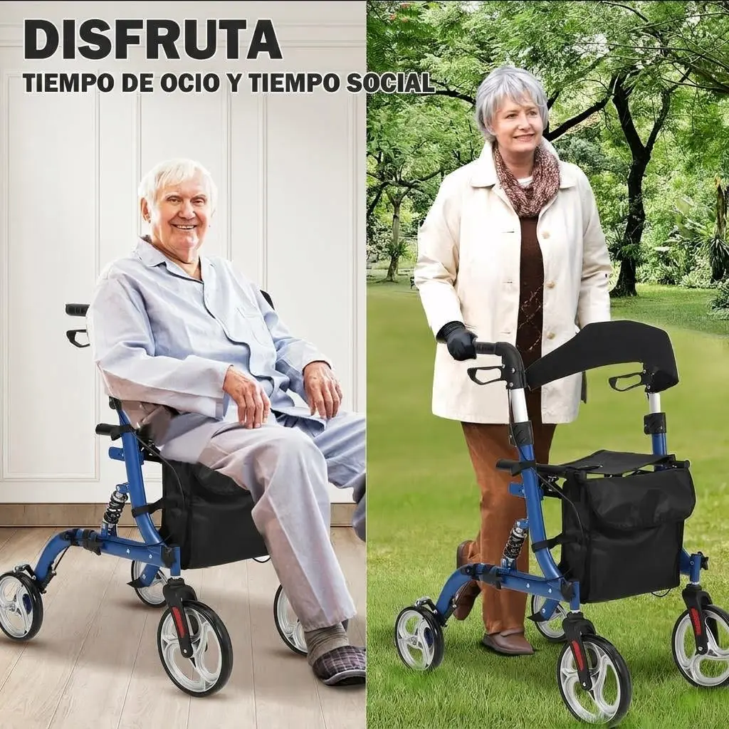 2-in-1 Rollator Walker and Transport Chair for Seniors, Folding Mobility Aid with Seat, Brakes, Backrest, Footrests & Large Wheels for Adults