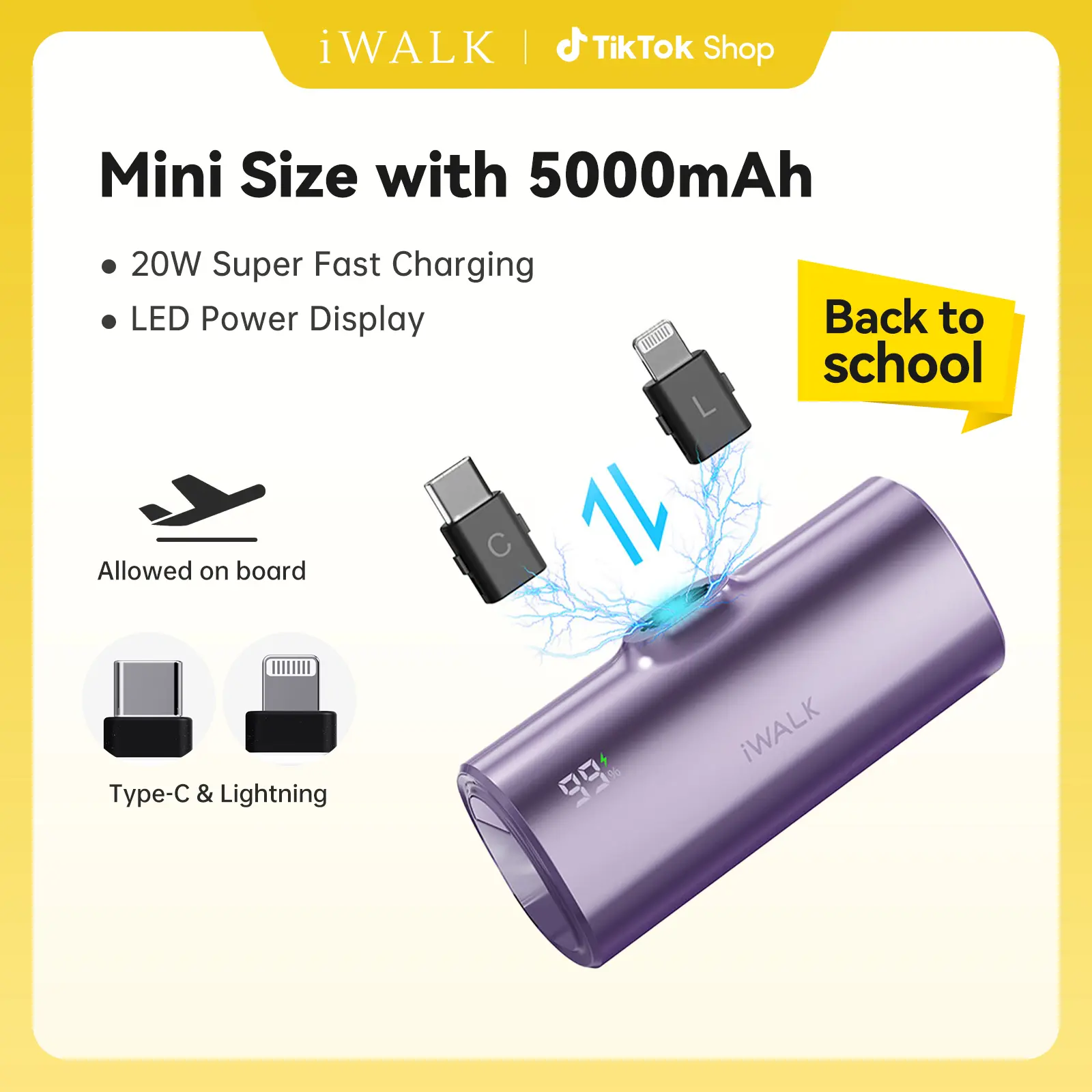 iWALK LinkPod X Mini 5000mAh Handheld Portable Power Bank Charger - 20W Boost Fast Charging, Dual USB-C/Lightning Ports, LED Display, Silicone Shell, Compact Durable, 1 Output, Device Protection for iPhone 16/15/14 & Smartphones, Smartphone