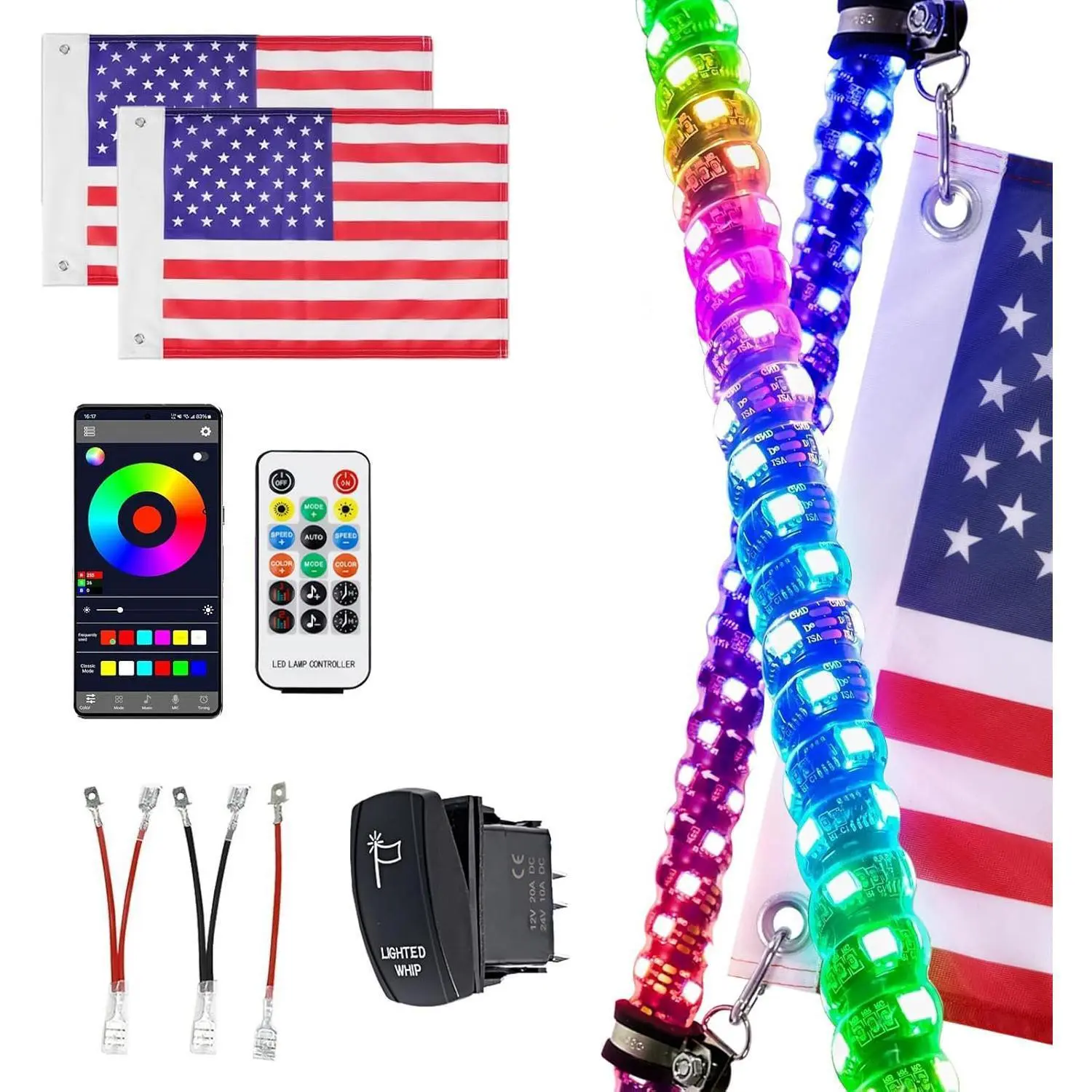 2FT Thick RGB LED Whip Lights for UTV/ATV, Spring Base, APP & RF Remote Control, Rocker Switch, Controller Box, Programmable Bright Lighting, Waterproof Spiral Outdoor Lights