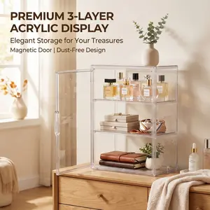 3-Layer Clear Acrylic Display Cabinet with Magnetic Door, Freestanding Storage Organizer Modern Storage Cabinet for Home & Store