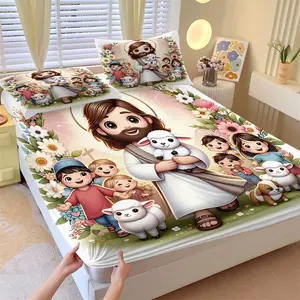 Cartoon Jesus Theme Fitted Sheet Set, Bed Sheets, Chibi Jesus, Child and Little Lamb Mattress Protector, Soft Anti-Slip Wrinkle-Resistant, Religious Bedroom Decor, Gift Choice, 1 Mattress Cover and 2 Pillowcases No Core