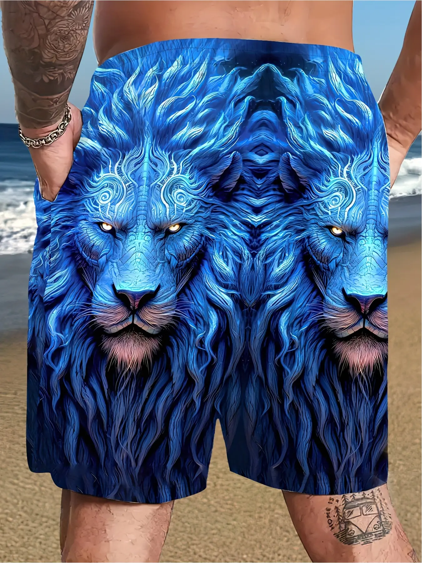 Men's 3D lion pattern quick-drying printed trunks with elastic waistband - Vibrant blue and white beach shorts, Swimming Shorts, Bathing Shorts, Swimsuit Shorts, Swimwear Shorts, suitable for summer vacations and relaxation by the pool.