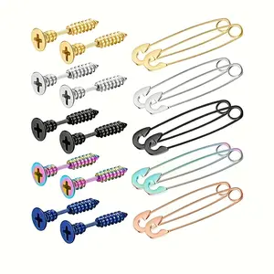 10 pairs of classic European and American stainless steel unisex earrings, punk gothic hip-hop style, screw, safety pin earring sets, can be worn on many occasions