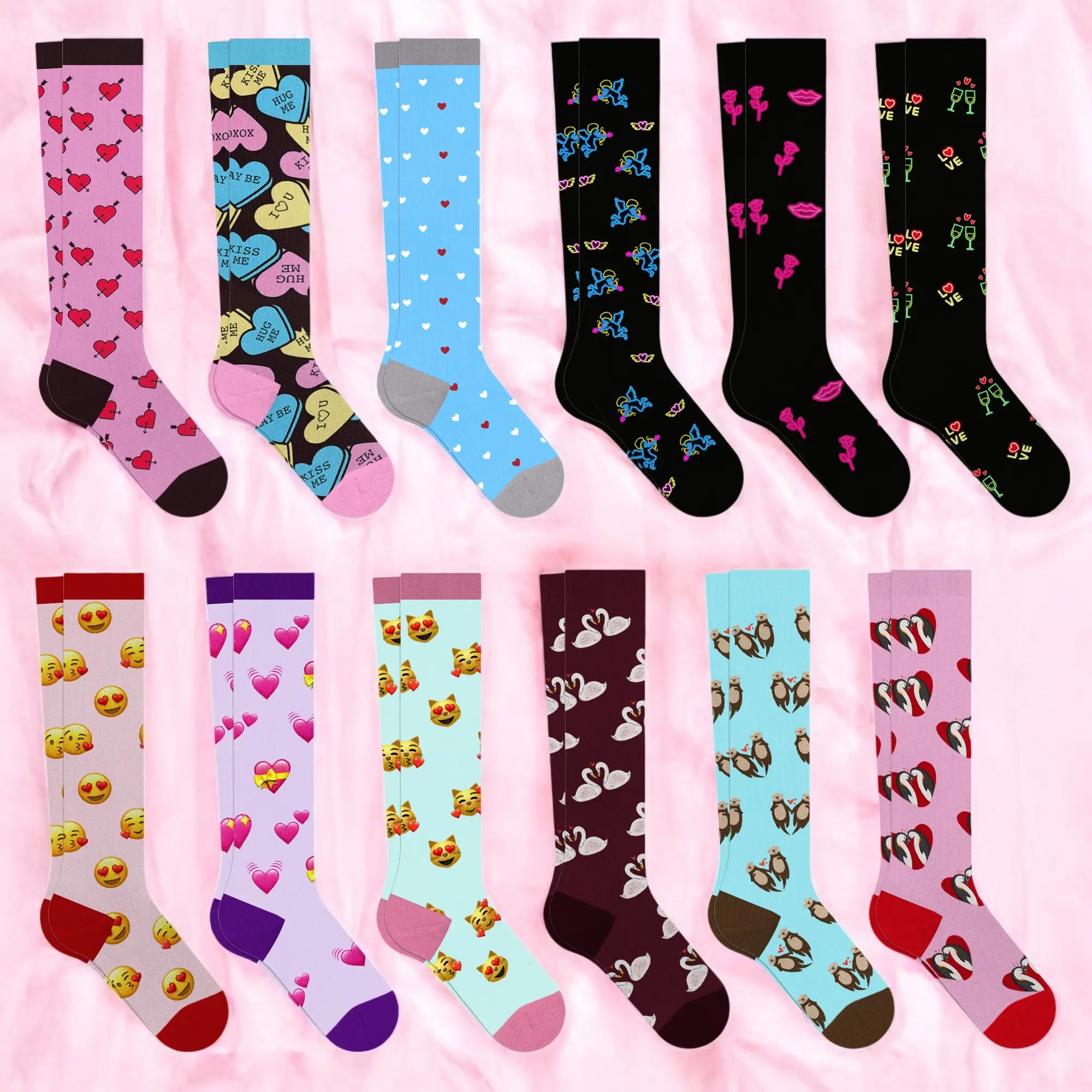 6-Pairs: Valentine's Day Heart Love Prints Knee-High Compression  athletic Socks Breathable Comfort Fabric Women