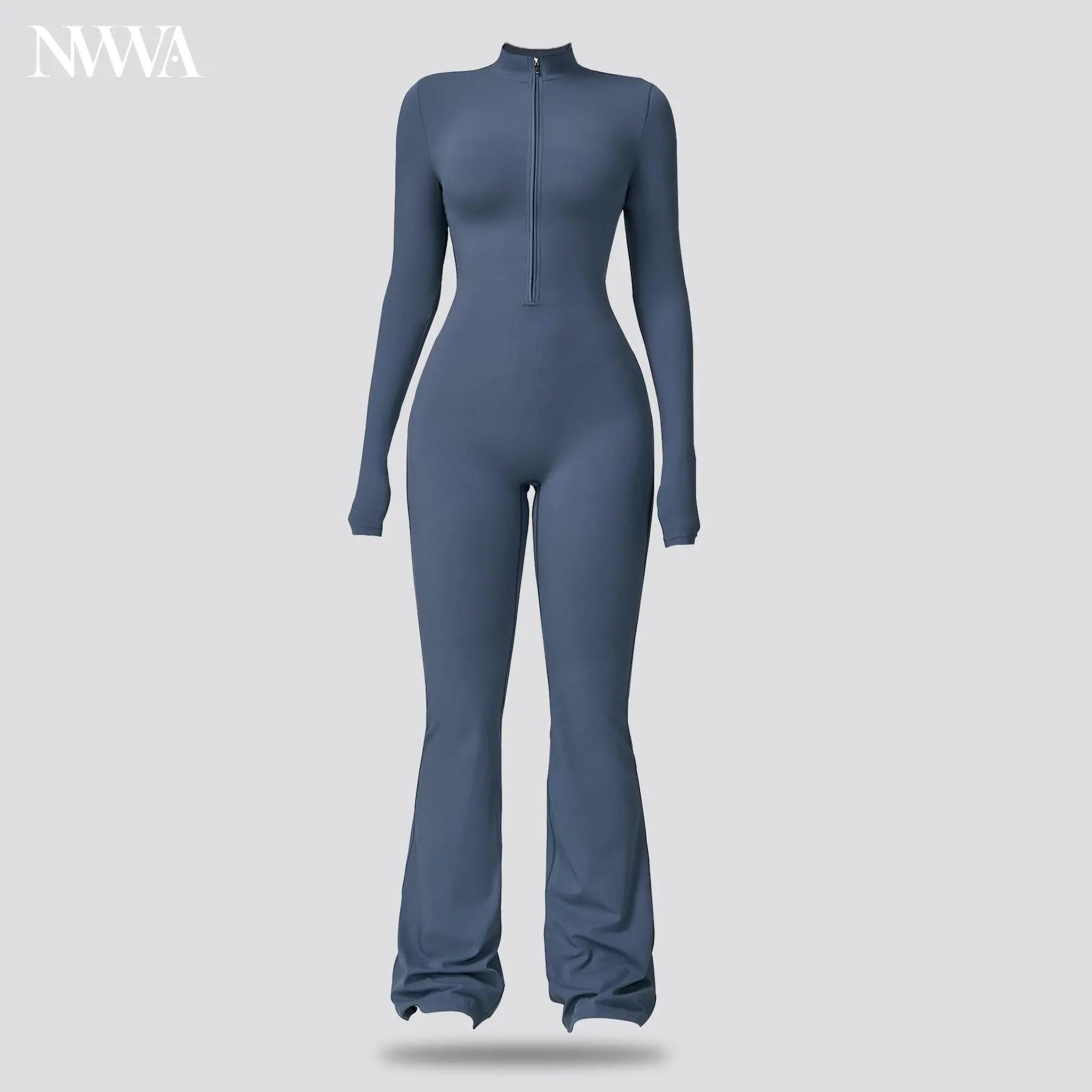 Nvwaurban Women's Covered Bust Long Sleeve Flared Zipper Wide Leg Sports Jumpsuit - Workout Gym Clothing, Stylish Activewear, Athletic Style Activewear, for Gym, Pilates