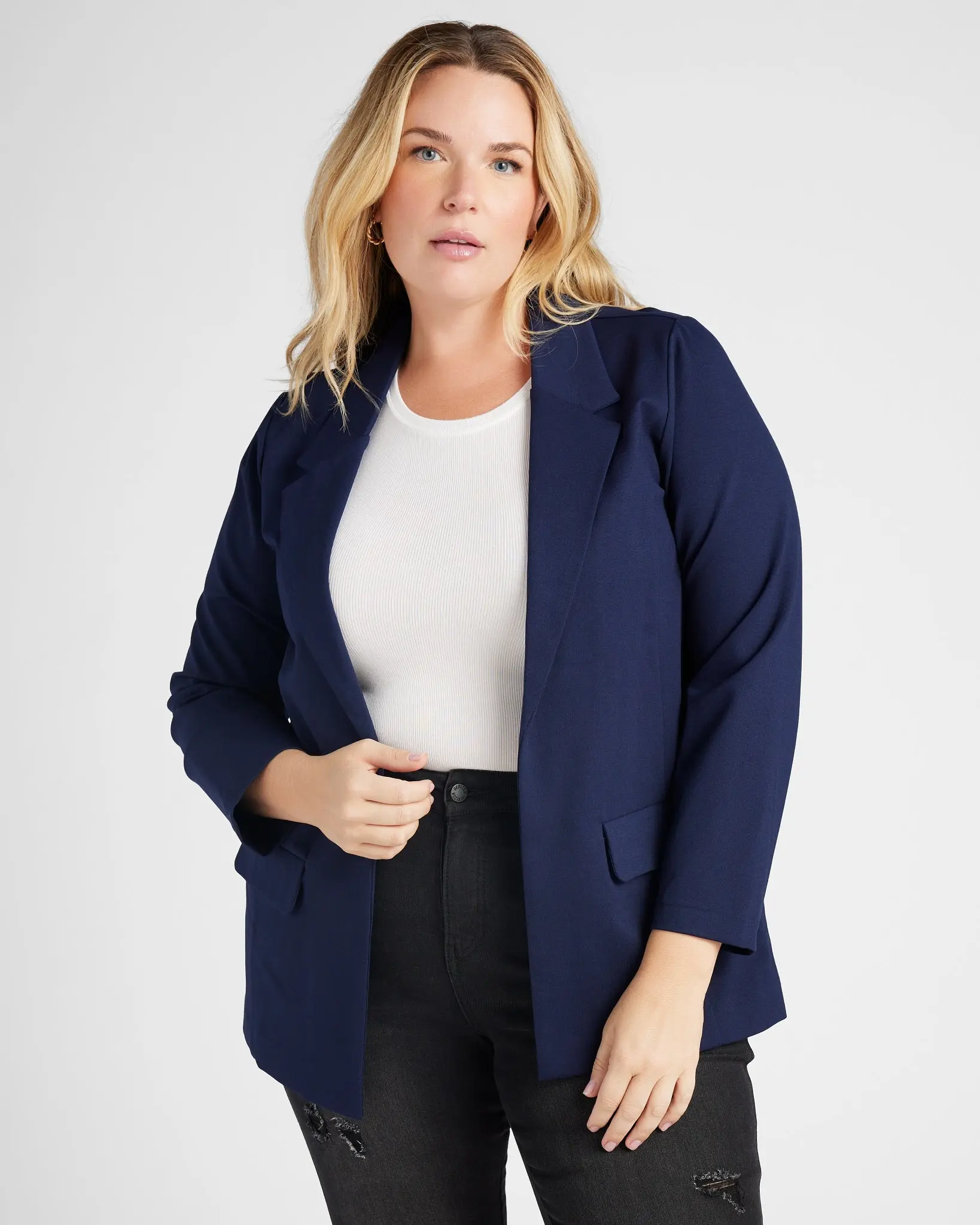 Plus Size Boyfriend Blazer, Casual Solid Open-Front Design, Extra Stretchy-Soft with Hourglass Shape Affirming Tailoring, Extra Stretchy-Softness, Long Sleeve