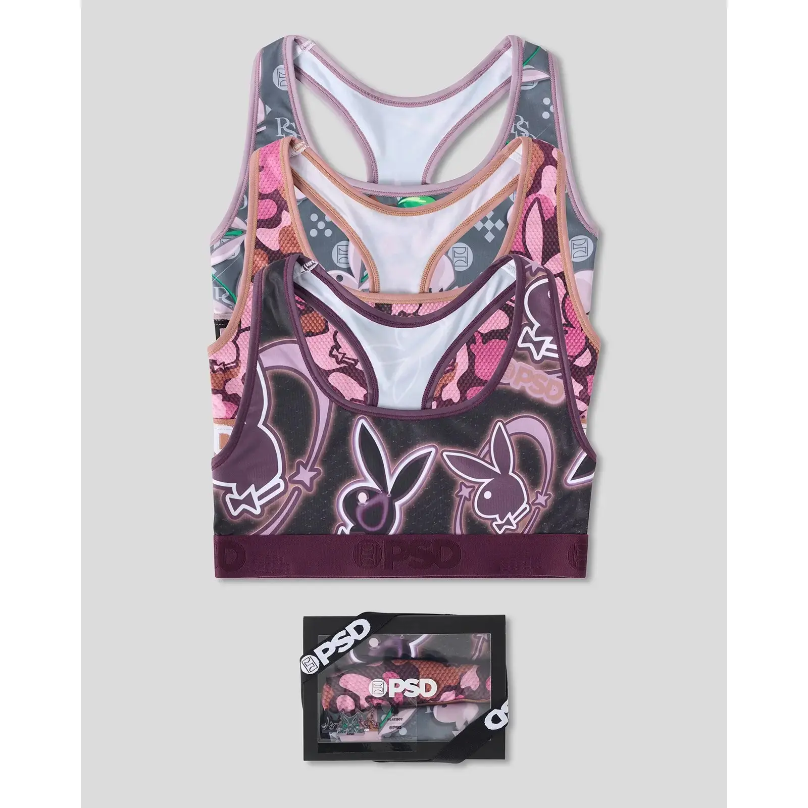 PSD Womens Playboy Tumble Racerback Sports Bra 3 Pack - Comfortable, Breathable, Ultra-light Fabric