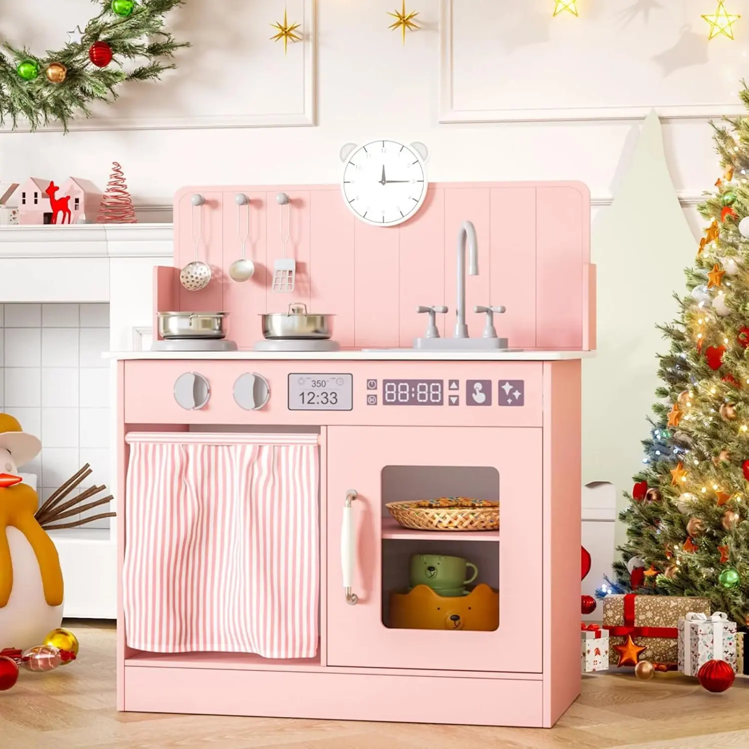 MAMIZO Play Kitchen for Toddlers, Wooden Kids Toy Kitchen Playset with Smart Storage, Ultimate Interactive, Simulated Gas Cooker, Sink & Faucet, 6 Pcs Cookware & Educational Clock for Ages 3+