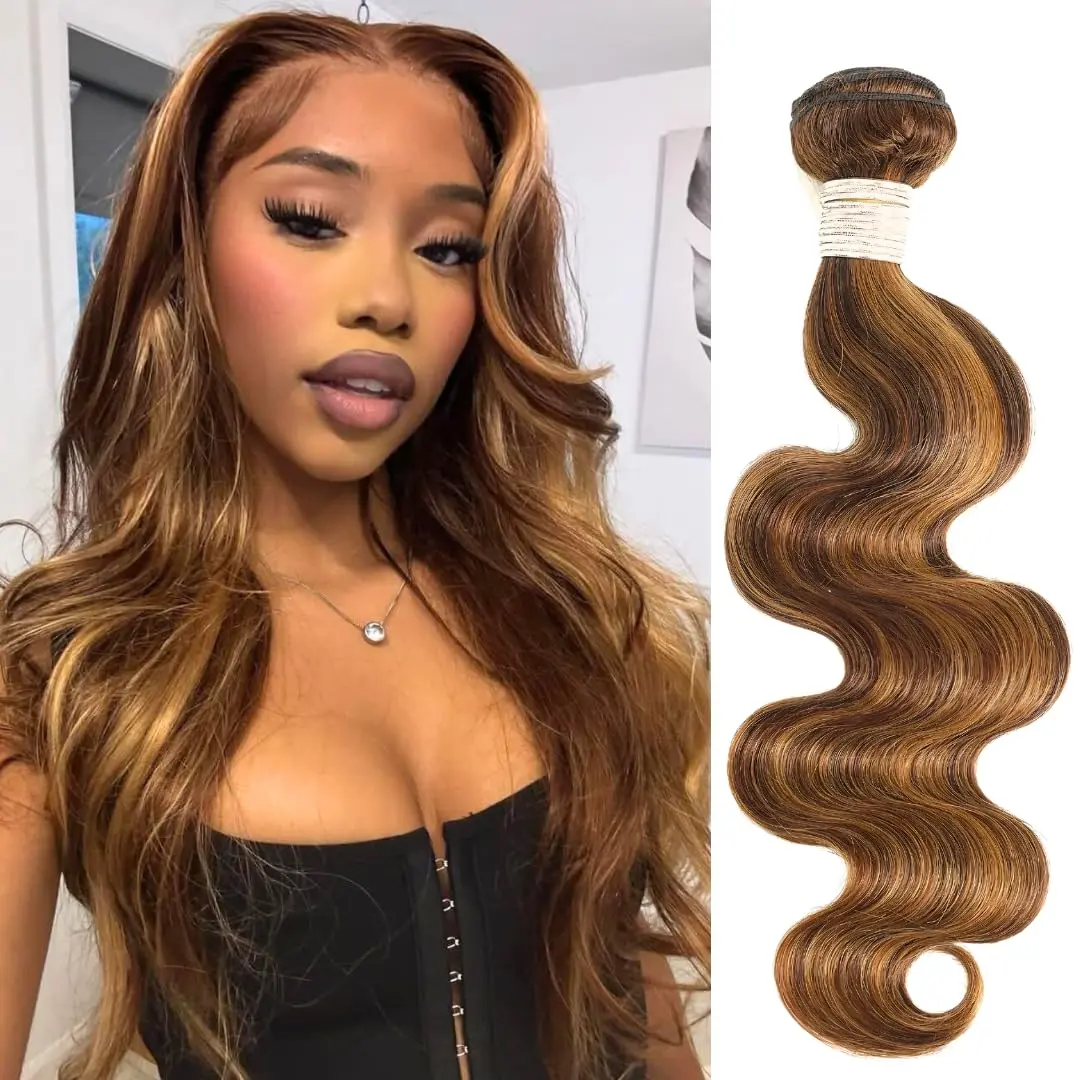 ANMETAN #P4/27 Honey Blonde Bundles - 12A Premium Brazilian Virgin Remy 3 Body Wave Human Hair, Piano Highlight Brown Balayage Ombre, Thick Double Weft for Black Women, Silky Softness, Dye/Bleach Friendly, Hair Net Included