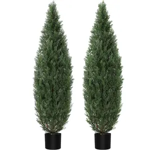 Artificial Topiary Tree,Artificial Cedar Topiary Trees for Outdoor & Indoor Decor,Artificial Topiary Boxwood Tree, Faux Shrub Uv Protection for Longer Life Decorative Fruit Plant Plastic Pot Set Flower Ornaments 5Ft-2Pcs
