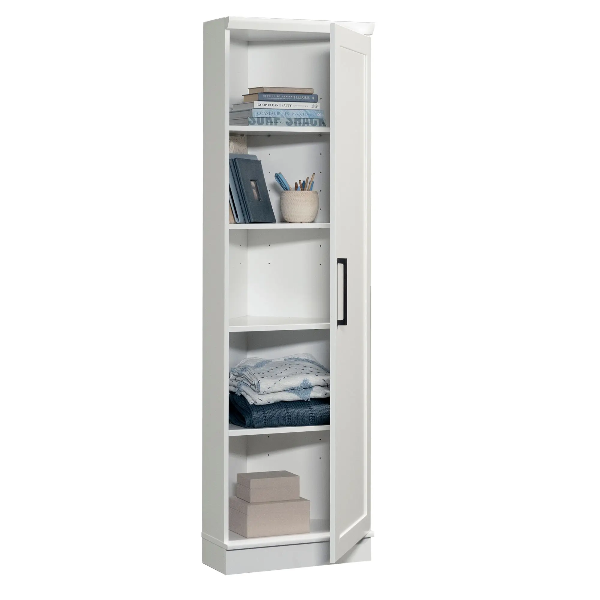 Sauder HomePlus Corner Storage Cabinet with 5 Shelves Adjustable Reversible Door for Small Kitchens Bathrooms Entryways Modern Aesthetic
