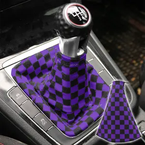 Universal Checkered Purple Fabric Gear Manual Shifter Shift Knob Boot cover
