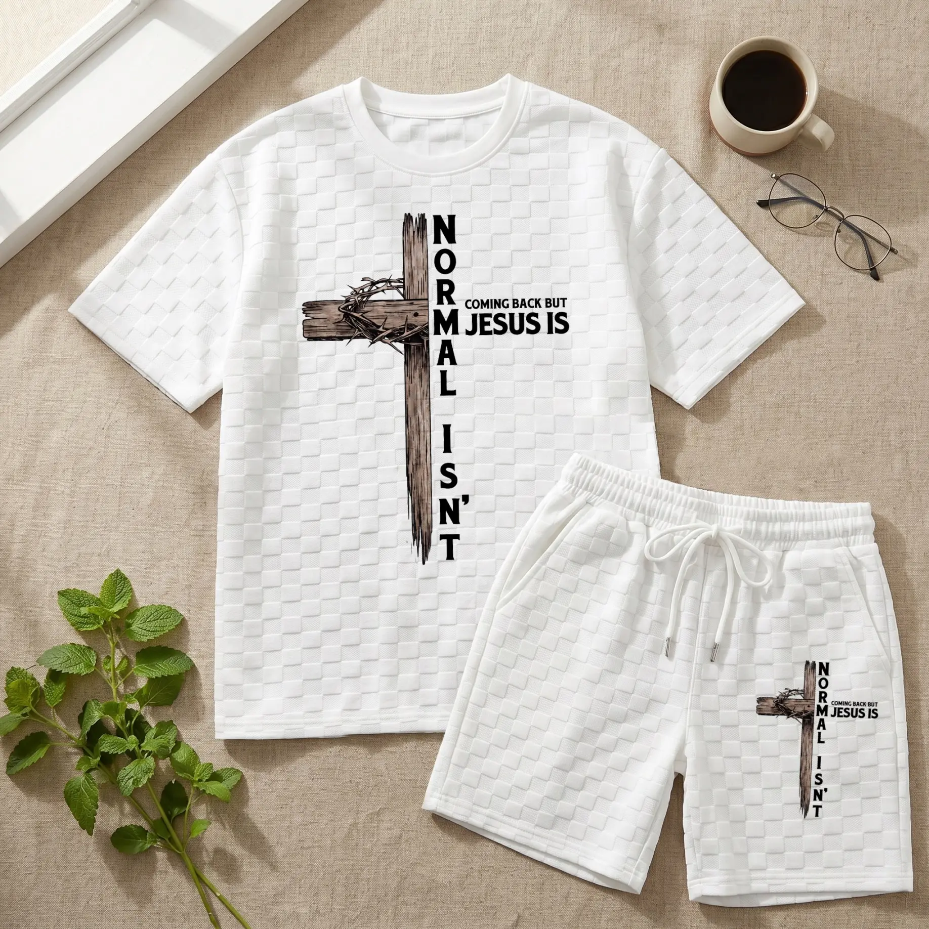 Men’s Jesus Cross Graphic Textured T-Shirt & Drawstring Shorts Set, Christian Faith Two Piece Outfit For Daily Wear And Outdoor Activities