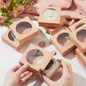 30-Pack Square Kraft Paper Gift Boxes with Round Clear Window, Foldable Small Jewelry Boxes, Beautiful Gift Box, 3.15x3.15x1.18inch, Perfect for Wedding, Party, Birthday, Anniversary Packaging