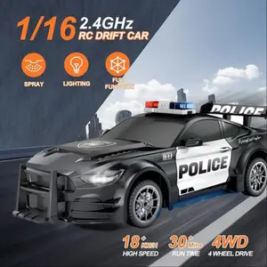 RC Police Drift Stunt Car 1:24 Scale - 20km/h High Speed Remote Control Car with LED Lights & Drift Tires for Kids, with Drifting Wheels and 2 Rechargeable Batteries