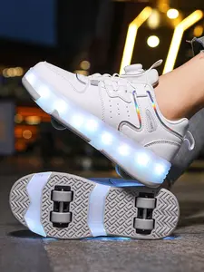 Unisex Kids Four-Wheel Roller Skates, New Wheel Shoes, Adjustable Rotating Buckle, PU Leather, LED Light, USB Charging, Footwear