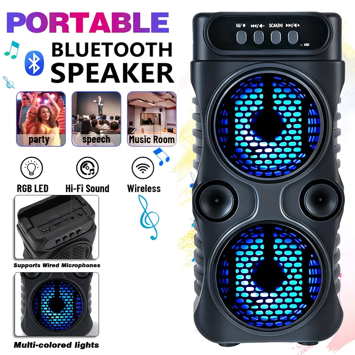 Portable wireless Bluetooth speaker with RGB lighting; lightweight subwoofer with a carrying handle; supports BT/TWS/FM/USB/TF/mic; perfect for home parties,  an ideal gift for holidays Karaoke Machine Wireles, Wireless Speakers, Portable Stereo Speaker W