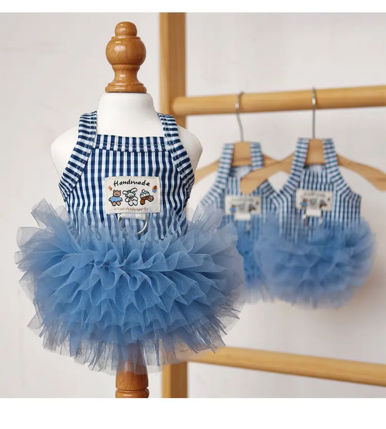 Pet Clothes Dog Cat Sleeveless Plaid Pattern Mesh Dress Summer Fancy Romantic Sweet Causal Comfortable Pretty Cute With Leash Ring D00126