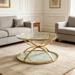 31.50'' Modern Glass Coffee Table with 2 Tiers, Ring-Shaped Frames, Metal Frame and Clear Tempered Glass, Round Coffee Table for Living Room, Bedroom and Office, Gold