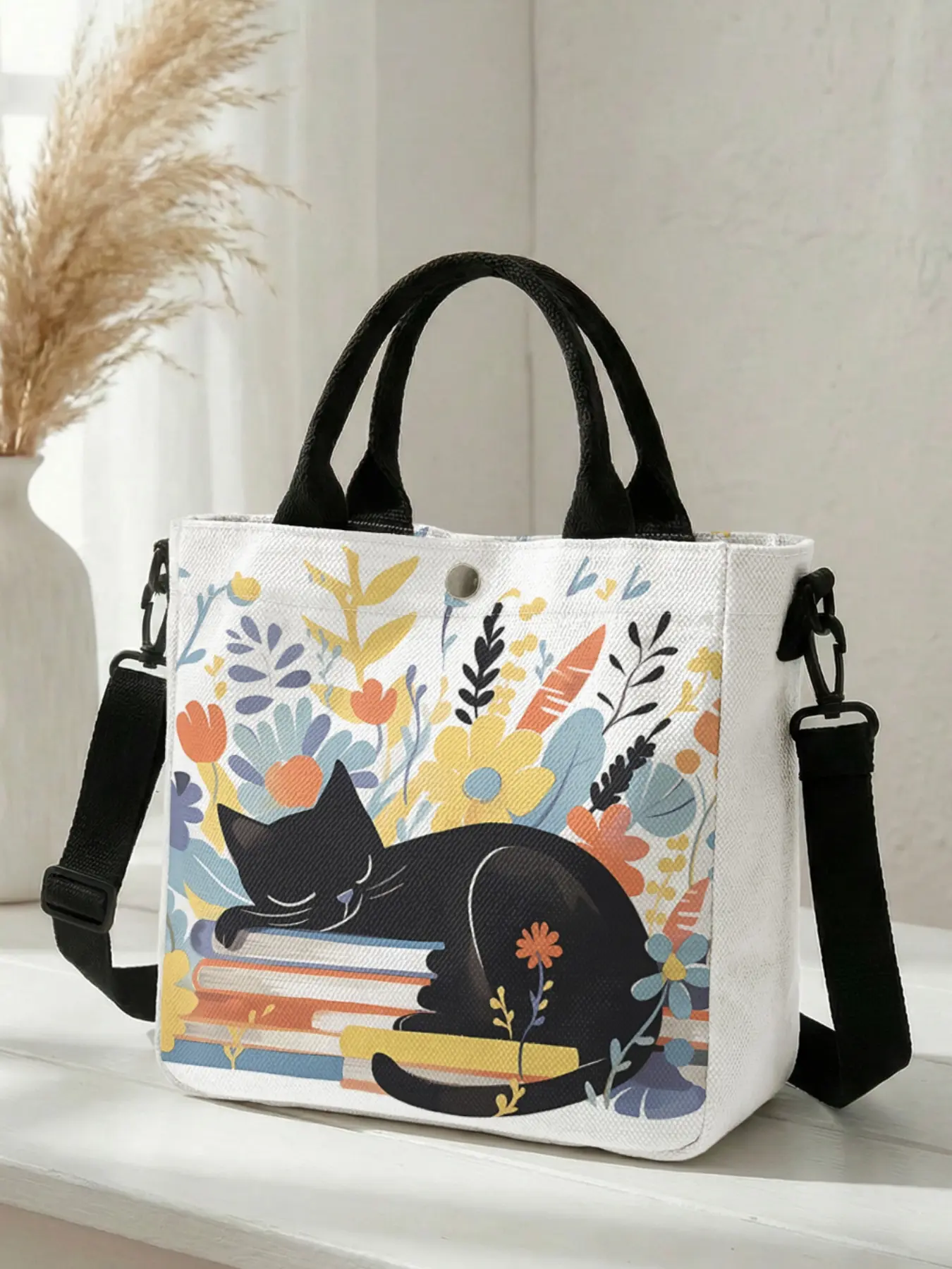 1 piece of black cat floral pattern 2D printed crossbody bag, Commuter Crossbody Bag, Casual shoulder bag, adjustable shoulder strap + snap closure, office workers / shopping travel, a street essential that combines style and practicality