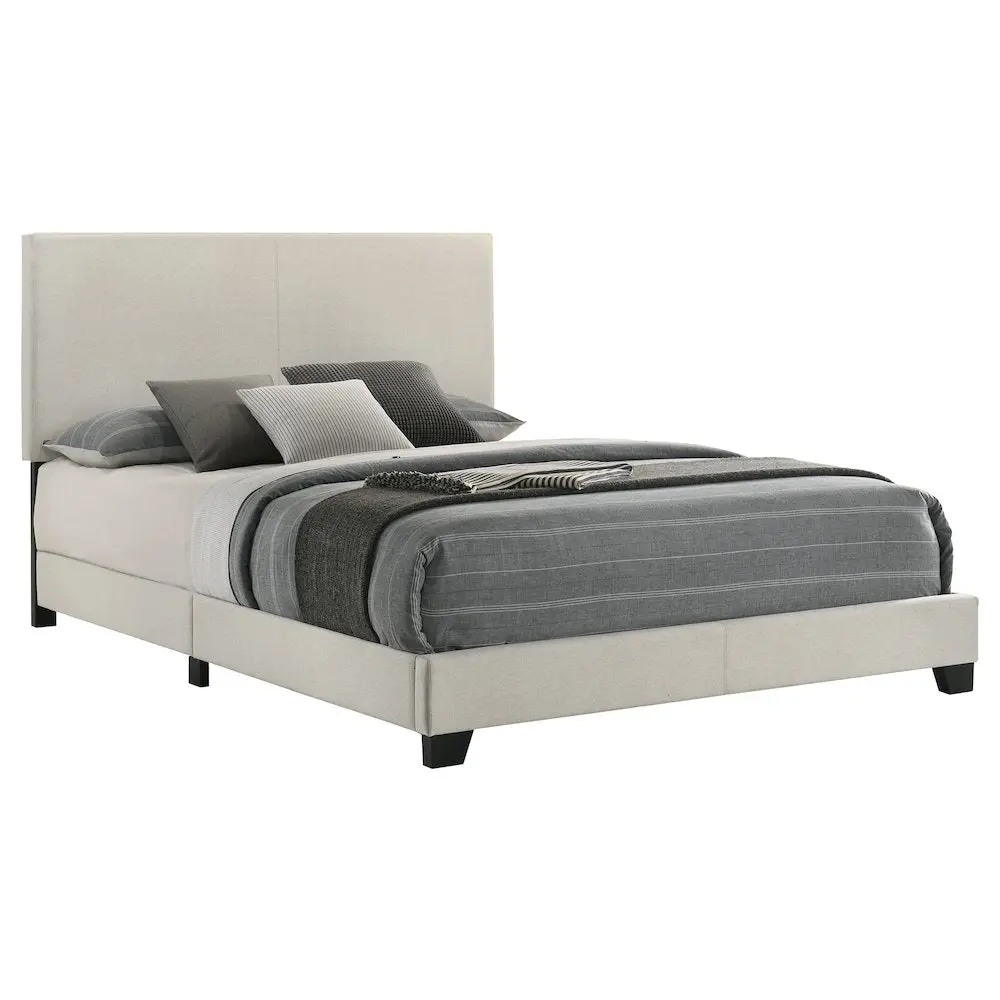 Cream Fabric-Upholstered Queen Panel Bed - Wood Frame, Fabric & Wood Construction, Soft Padded Headboard, Foam Padding, Box-Spring Free, Platform Stability, Durable Modern Indoor Bedroom Furniture
