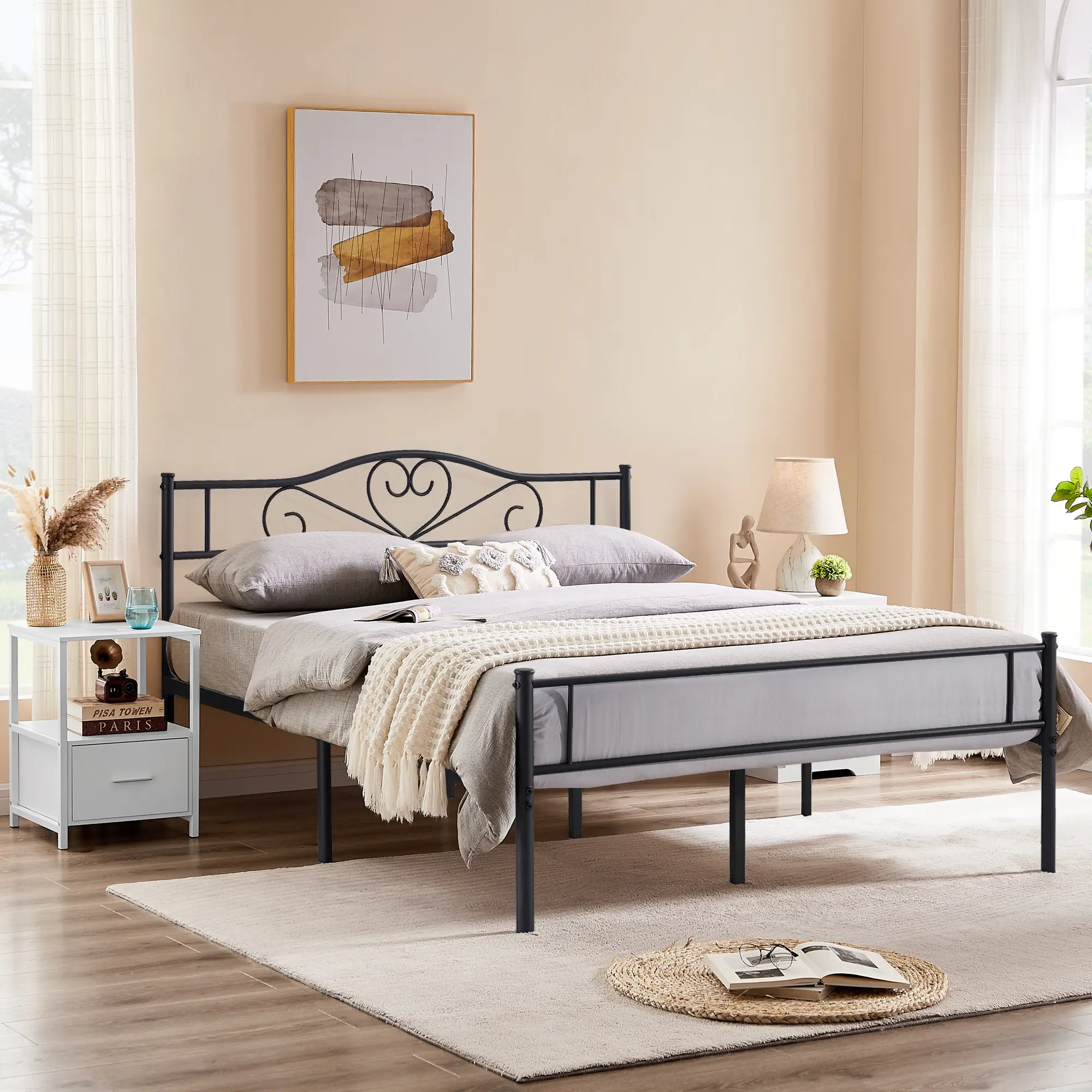 VECELO Bed Frame Metal Platform Twin Full Queen Size with Headboard Steel Slat Support No Box Spring Needed Noise-Free Partial Assembly, Mattress Not Included,White,Pink Bedroom Furniture, Sturdy Bed Frame, Queen Bed Frame