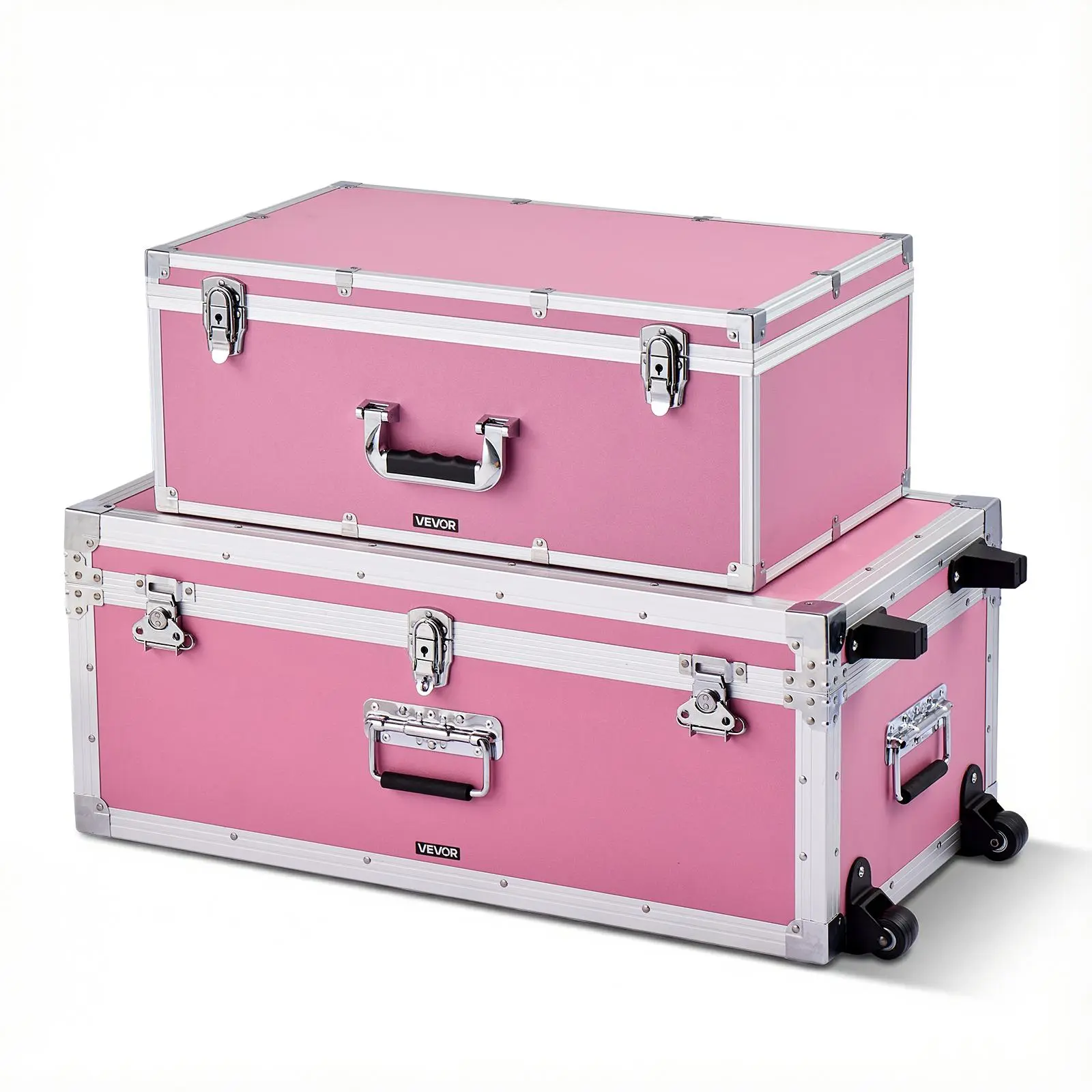 【Summerfinds】VEVOR 2x2 Metal Storage Trunk Set, Dual-Handled Durability Functional Organizer Boxes with Padlocks, Casters, 3 Metal Handles & Lids, Decorative Wooden Suitcase Chests for Apartment, Pink, Organizer Storage Boxes, 2X2 Storage Boxes